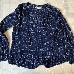 Loft polka dot Tie Neck Ruffle Hem Peasant style Blouse loose